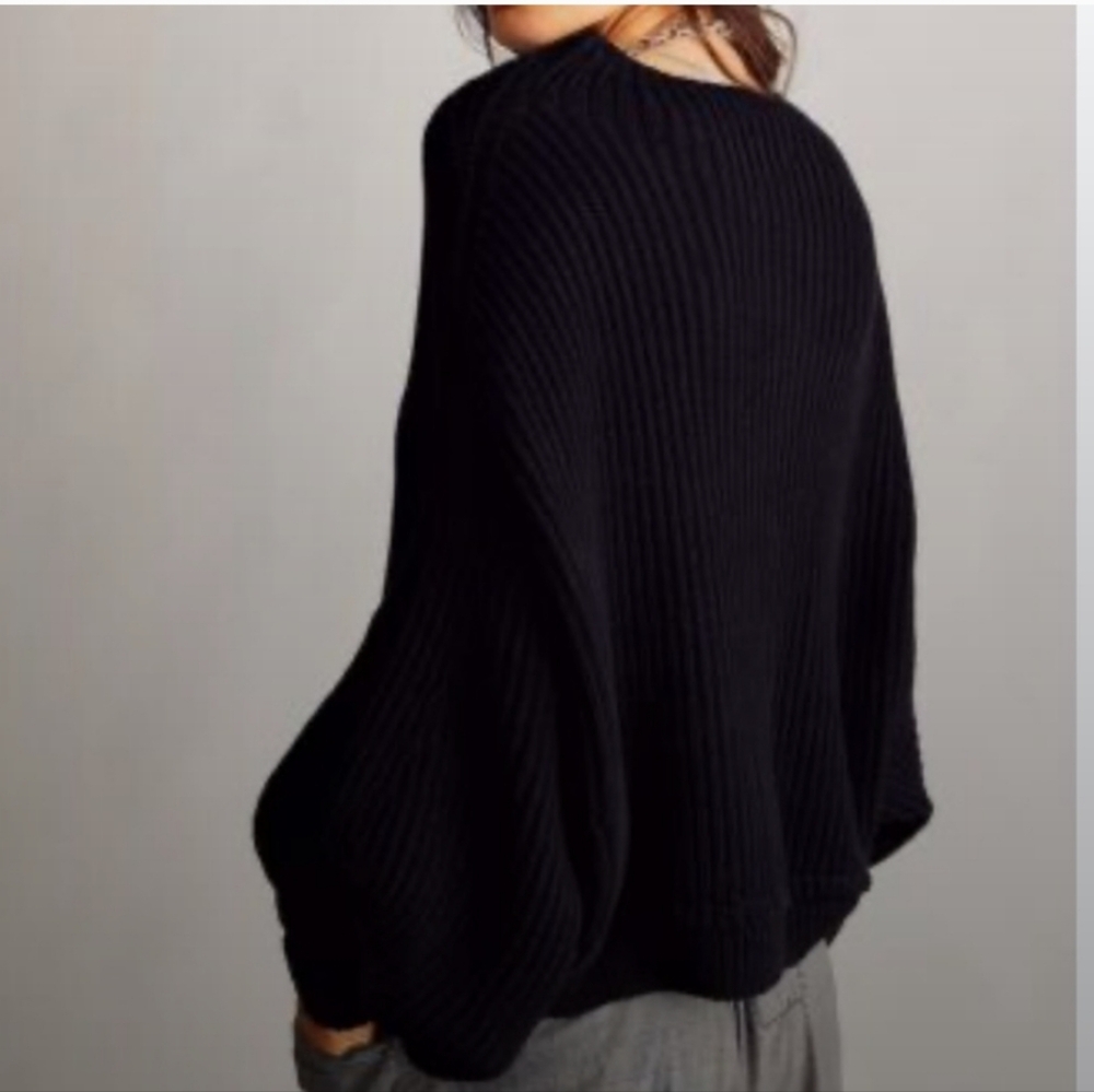 Free People Black Ribbed Crew Neck Sweater